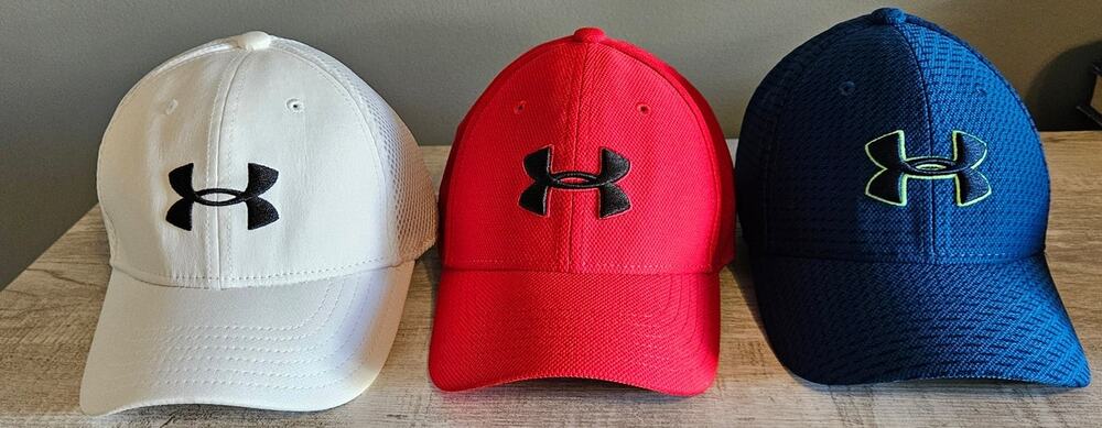 Lot of 3 Youth Under Armour UA Hats Red White Blue Y SM/MD Baseball Hats